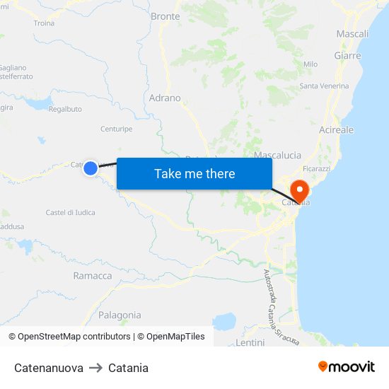 Catenanuova to Catania map