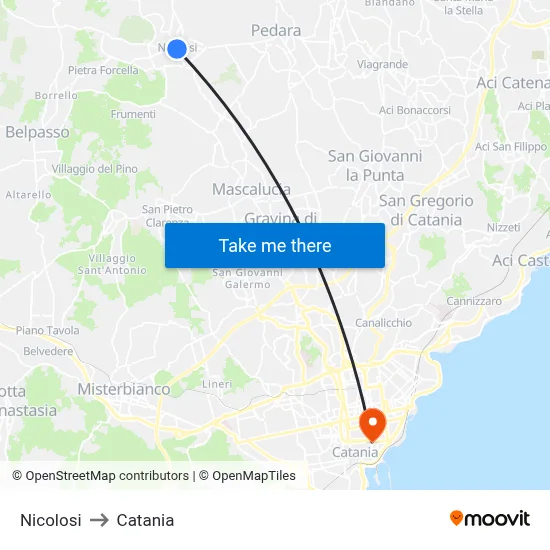 Nicolosi to Catania map