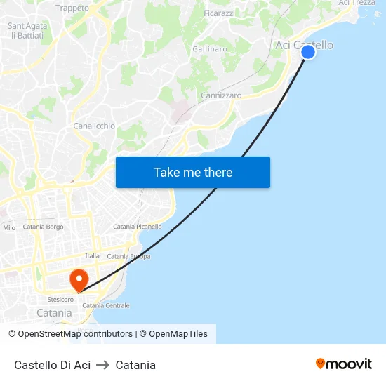 Aci Castle to Catania map