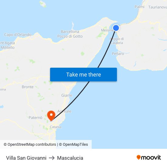 Villa San Giovanni to Mascalucia map