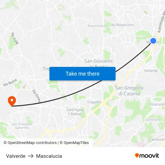 Valverde to Mascalucia map