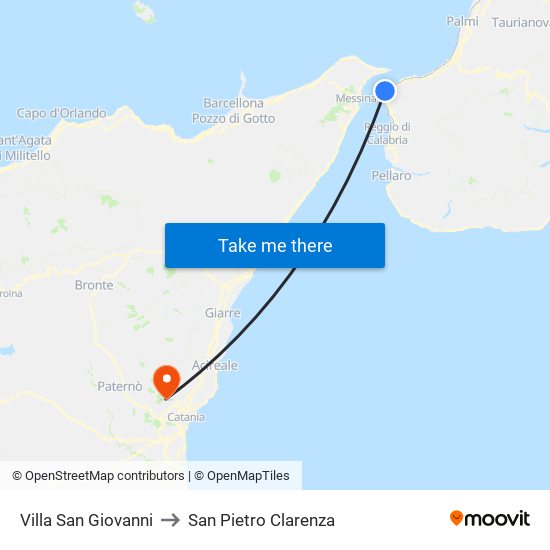 Villa San Giovanni to San Pietro Clarenza map