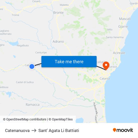Catenanuova to Sant' Agata Li Battiati map
