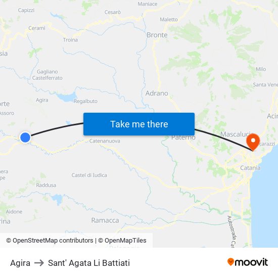 Agira to Sant' Agata Li Battiati map