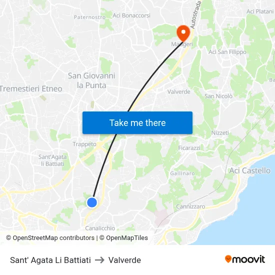 Sant' Agata Li Battiati to Valverde map