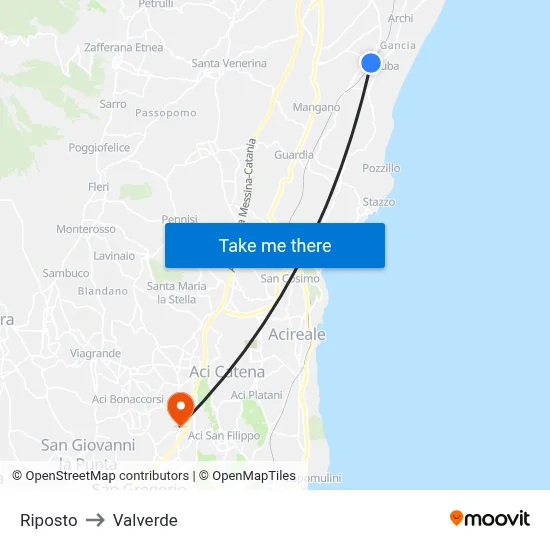 Riposto to Valverde map
