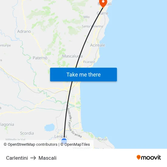 Carlentini to Mascali map
