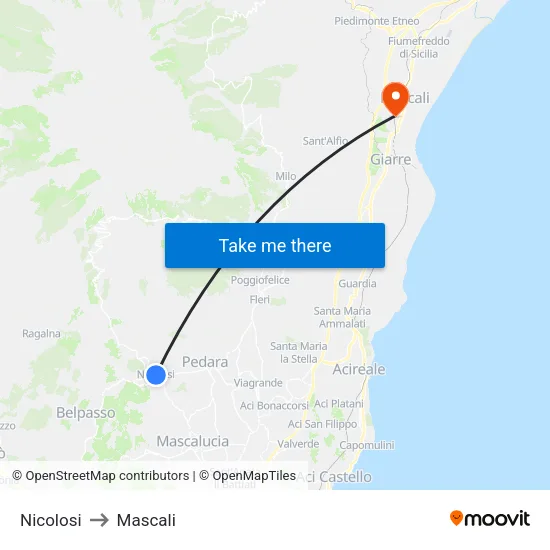 Nicolosi to Mascali map