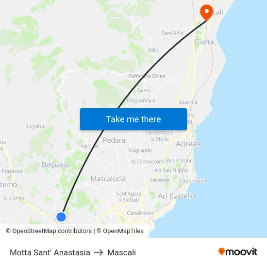 Motta Sant' Anastasia to Mascali map