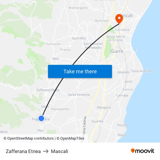 Zafferana Etnea to Mascali map