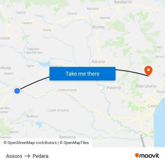 Assoro to Pedara map