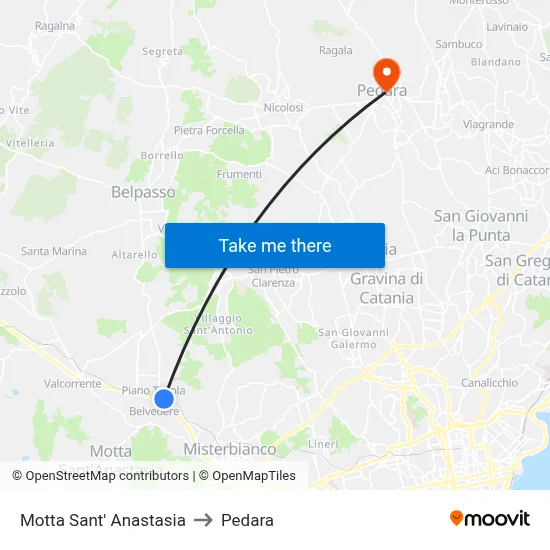 Motta Sant' Anastasia to Pedara map