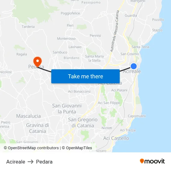 Acireale to Pedara map