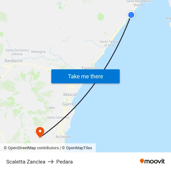 Scaletta Zanclea to Pedara map