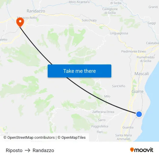 Riposto to Randazzo map