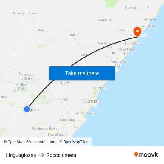 Linguaglossa to Roccalumera map