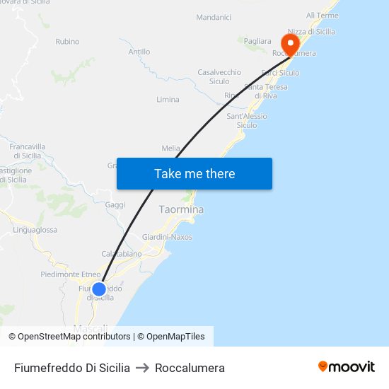 Fiumefreddo Di Sicilia to Roccalumera map