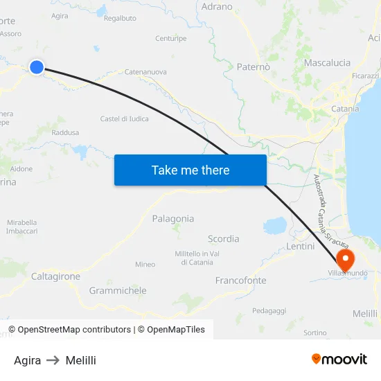 Agira to Melilli map