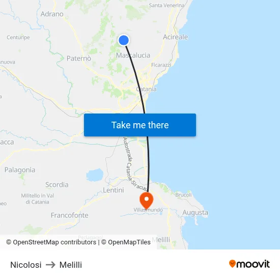 Nicolosi to Melilli map
