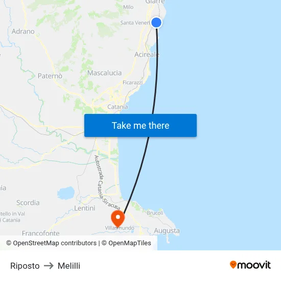 Riposto to Melilli map