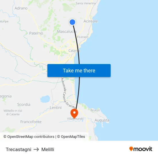 Trecastagni to Melilli map