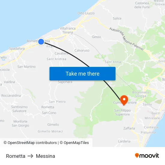 Rometta to Messina map