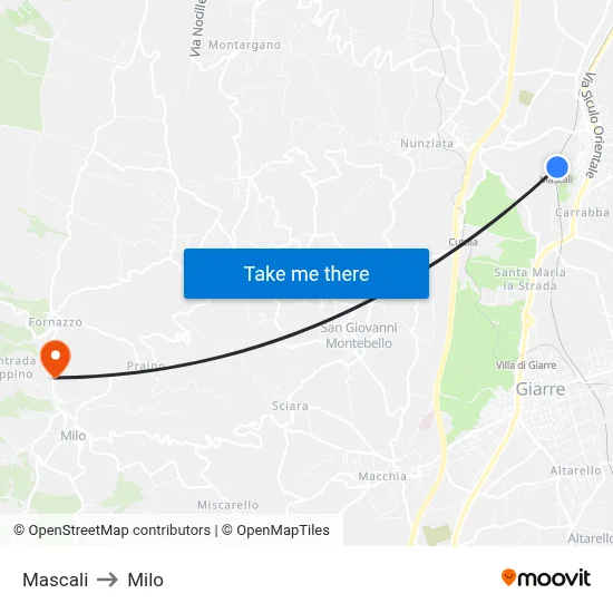 Mascali to Milo map
