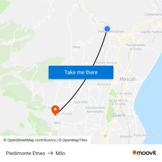 Piedimonte Etneo to Milo map