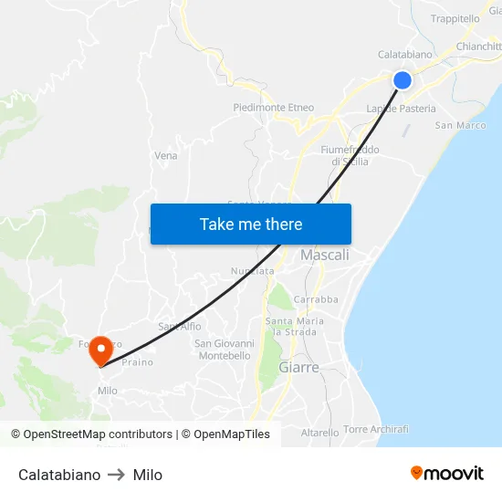 Calatabiano to Milo map