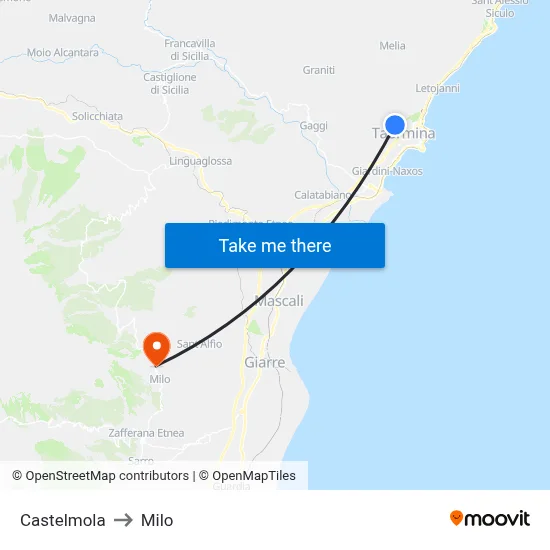 Castelmola to Milo map