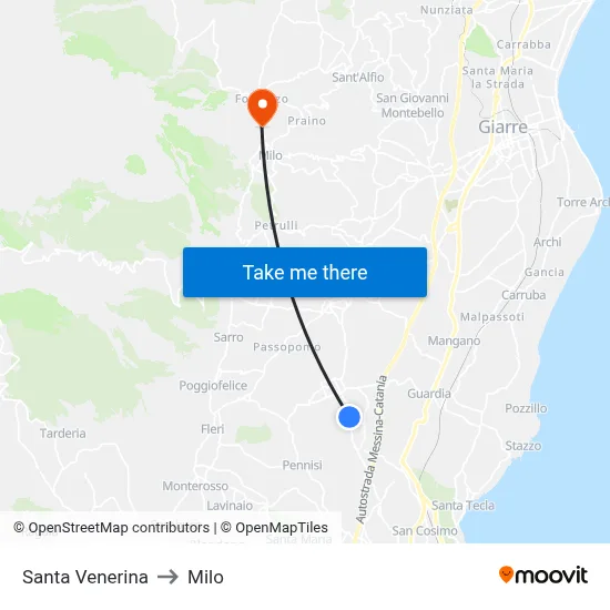 Santa Venerina to Milo map