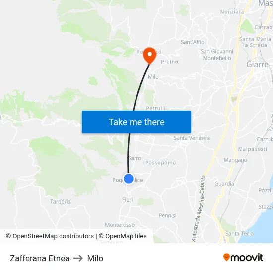 Zafferana Etnea to Milo map