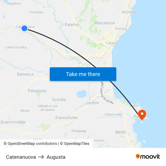 Catenanuova to Augusta map
