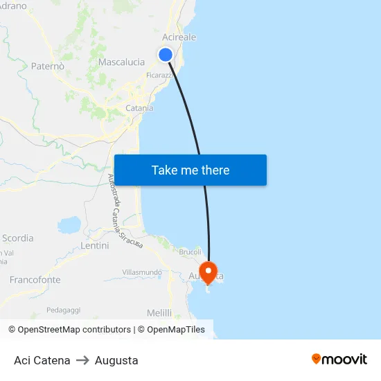 Aci Catena to Augusta map