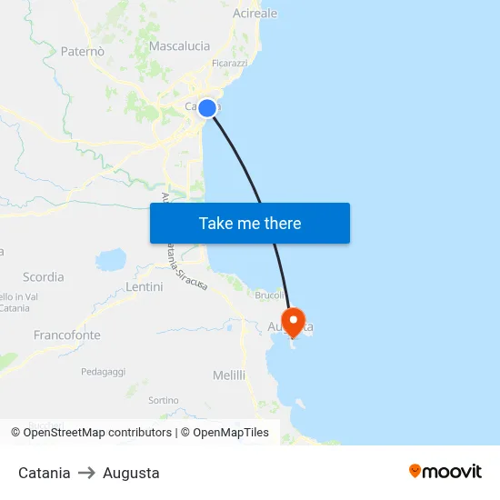 Catania to Augusta map