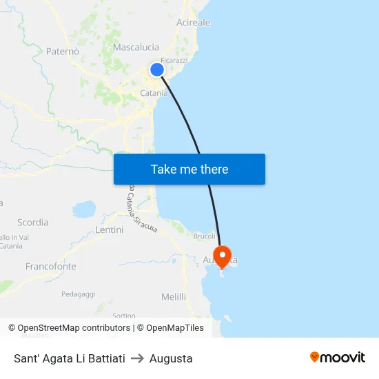 Sant' Agata Li Battiati to Augusta map