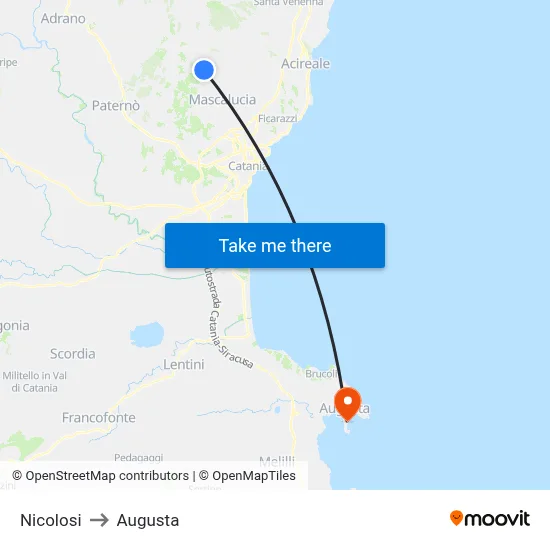 Nicolosi to Augusta map