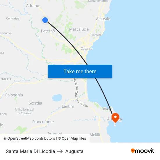 Santa Maria di Licodia to Augusta map