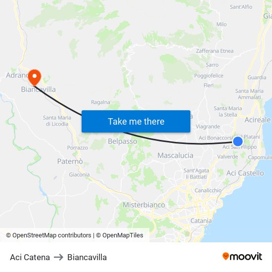 Aci Catena to Biancavilla map
