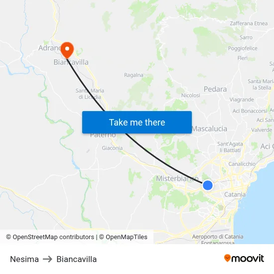 Nesima to Biancavilla map
