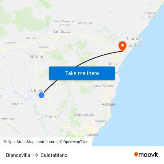 Biancavilla to Calatabiano map