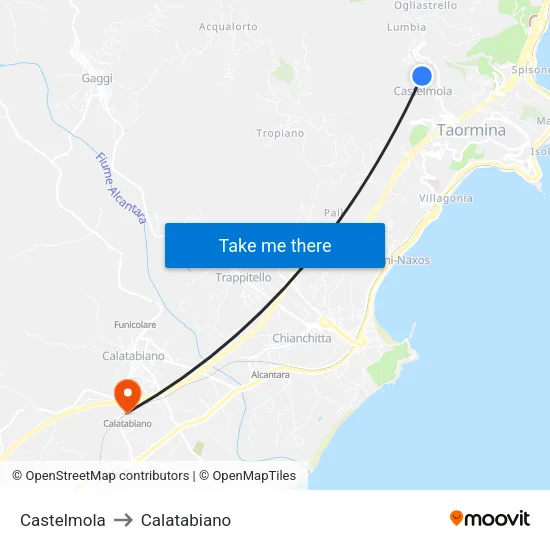Castelmola to Calatabiano map