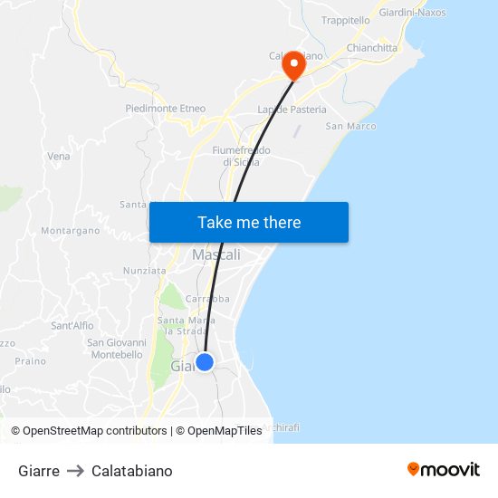 Giarre to Calatabiano map