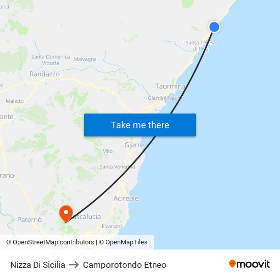 Nizza Di Sicilia to Camporotondo Etneo map