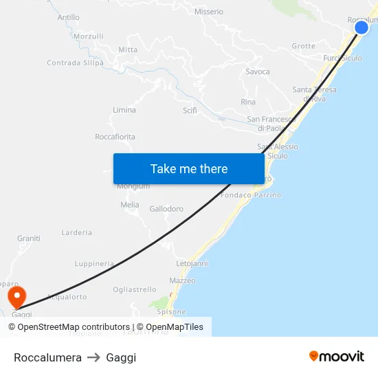 Roccalumera to Gaggi map