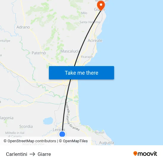 Carlentini to Giarre map