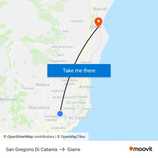San Gregorio di Catania to Giarre map