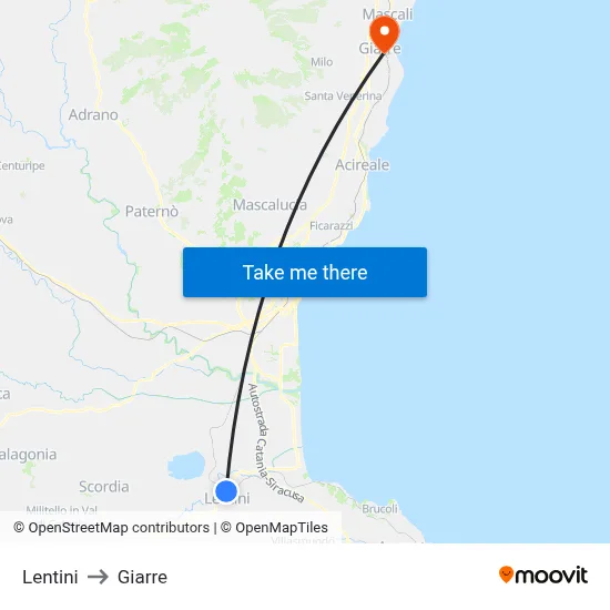 Lentini to Giarre map