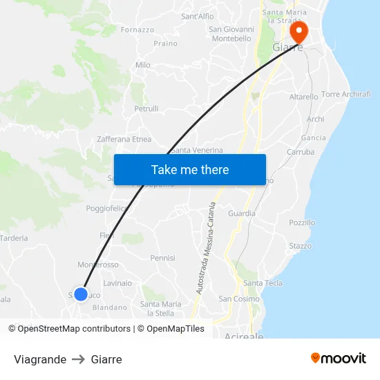 Viagrande to Giarre map