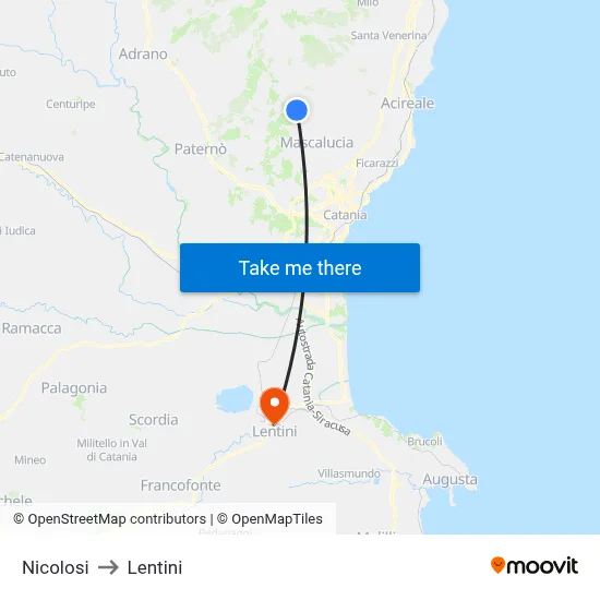 Nicolosi to Lentini map